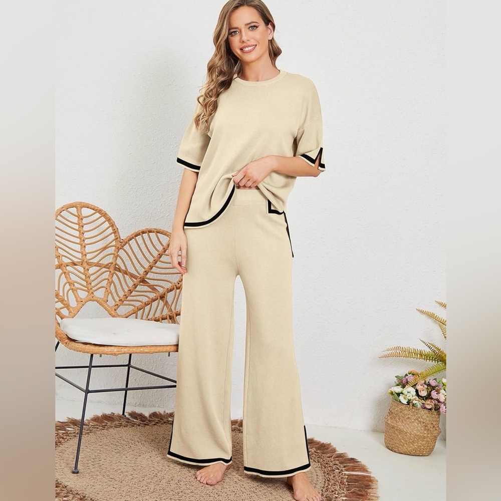 Amazon Cream Knit Two-Piece Top & Wide-Leg Pants with Black Trim